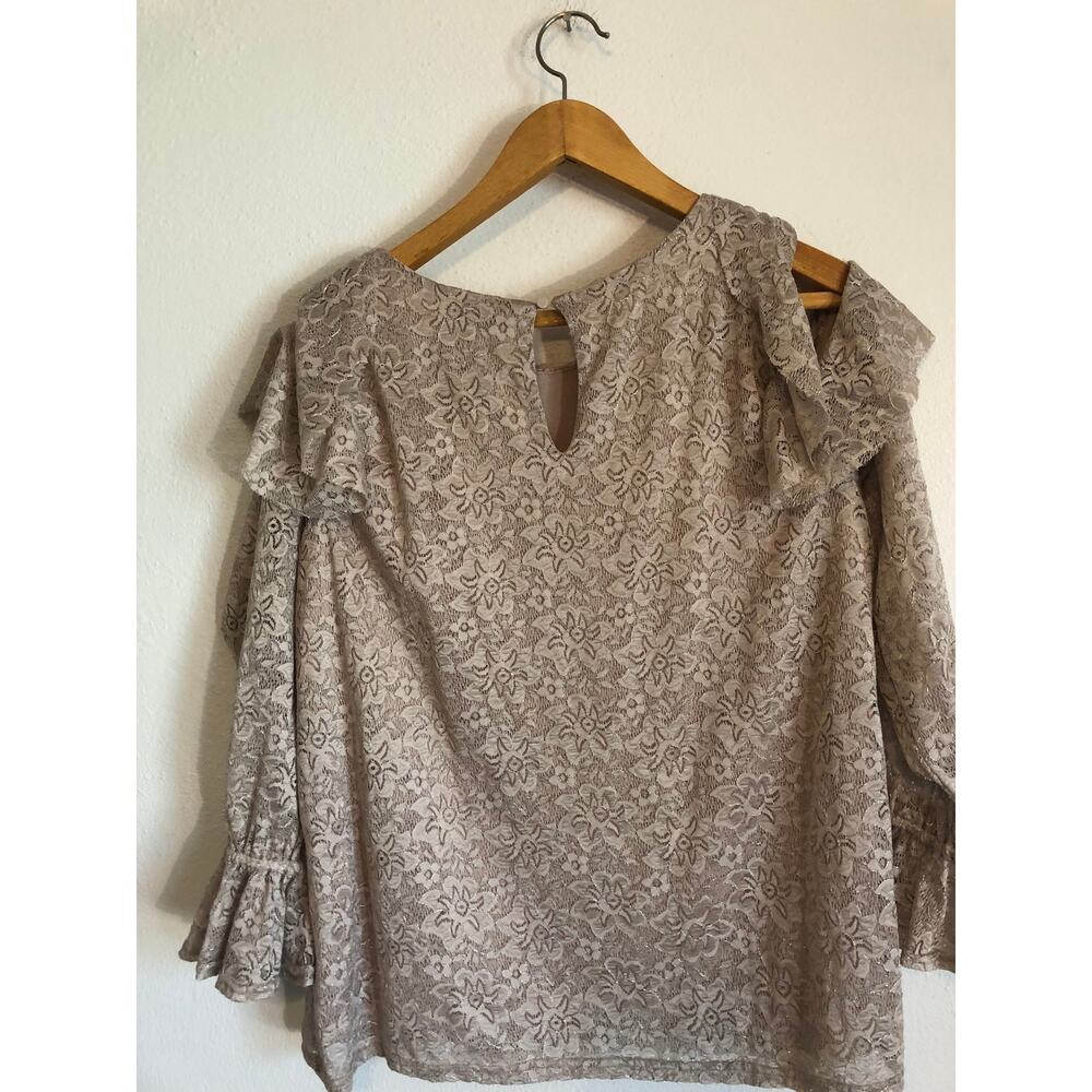 Carolina Belle Montreal Tan Lace Top Ruffled Stretch Bell Sleeves Romantic XL - Picture 5 of 9